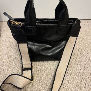 Black Leather Tote Bag with Beige Strap